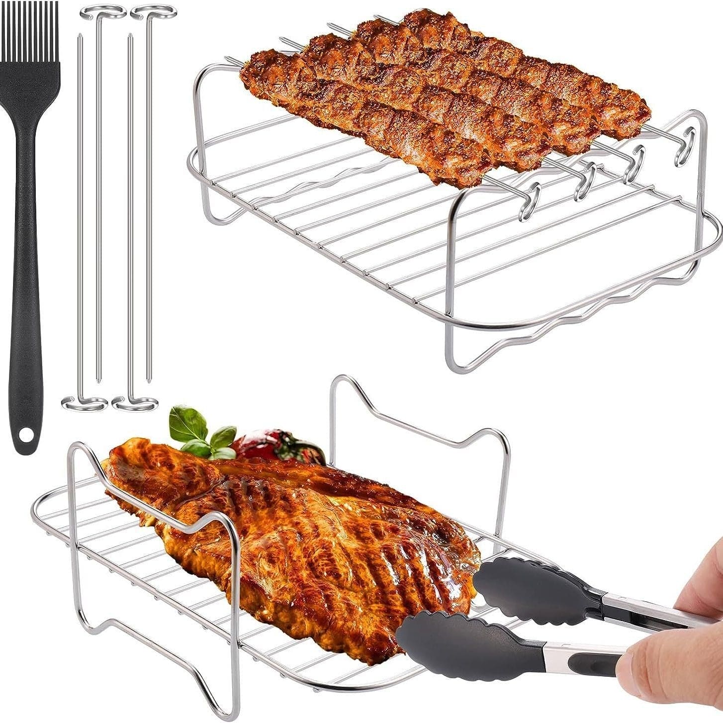 Stainless Steel Double-layer Grill Rack Steamer Air Fryer Accessories Rectangular Barbecue Grill