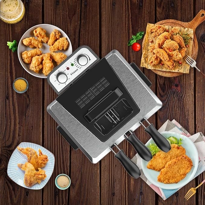 1800W 5 Liters 21 Cups Large Electric Deep Fryer With 3 Frying Baskets For Home Use, Adjustable Temperature,View Window Lid,Countertop Stainless Steel Body Deep Fryer Pot,Perfect For Kitchen, Fry Fish - 360 Fryers