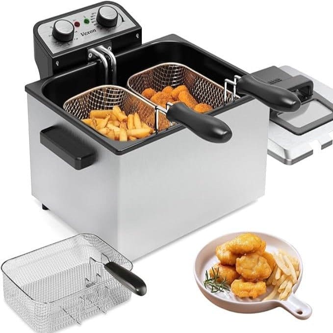 1800W 5 Liters 21 Cups Large Electric Deep Fryer With 3 Frying Baskets For Home Use, Adjustable Temperature,View Window Lid,Countertop Stainless Steel Body Deep Fryer Pot,Perfect For Kitchen, Fry Fish - 360 Fryers