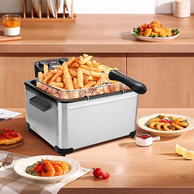 1800W 5 Liters 21 Cups Large Electric Deep Fryer With 3 Frying Baskets For Home Use, Adjustable Temperature,View Window Lid,Countertop Stainless Steel Body Deep Fryer Pot,Perfect For Kitchen, Fry Fish - 360 Fryers