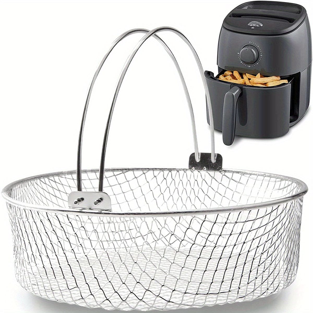 1pc, Air Fryer Mesh Basket, 304 Stainless Steel Steamer Basket For Air Fryer, Metal Air Fry Crisper Basket With Handle, Home Kitchen Air Fryer Steamer Basket Air Fryer Crisper Basket, Air Fryer Steamer Basket, Kitchen Stuff - 360 Fryers