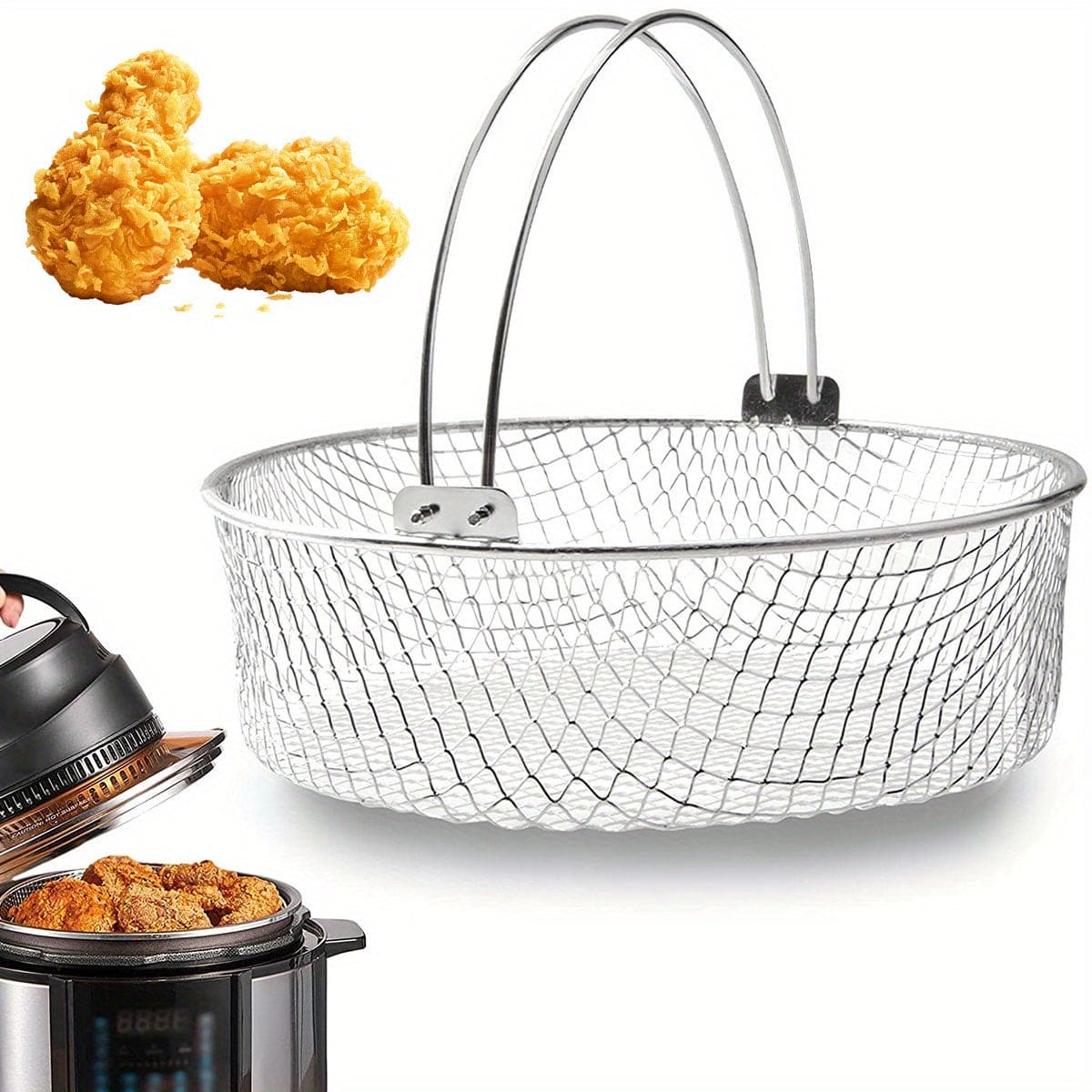 1pc, Air Fryer Mesh Basket, 304 Stainless Steel Steamer Basket For Air Fryer, Metal Air Fry Crisper Basket With Handle, Home Kitchen Air Fryer Steamer Basket Air Fryer Crisper Basket, Air Fryer Steamer Basket, Kitchen Stuff - 360 Fryers