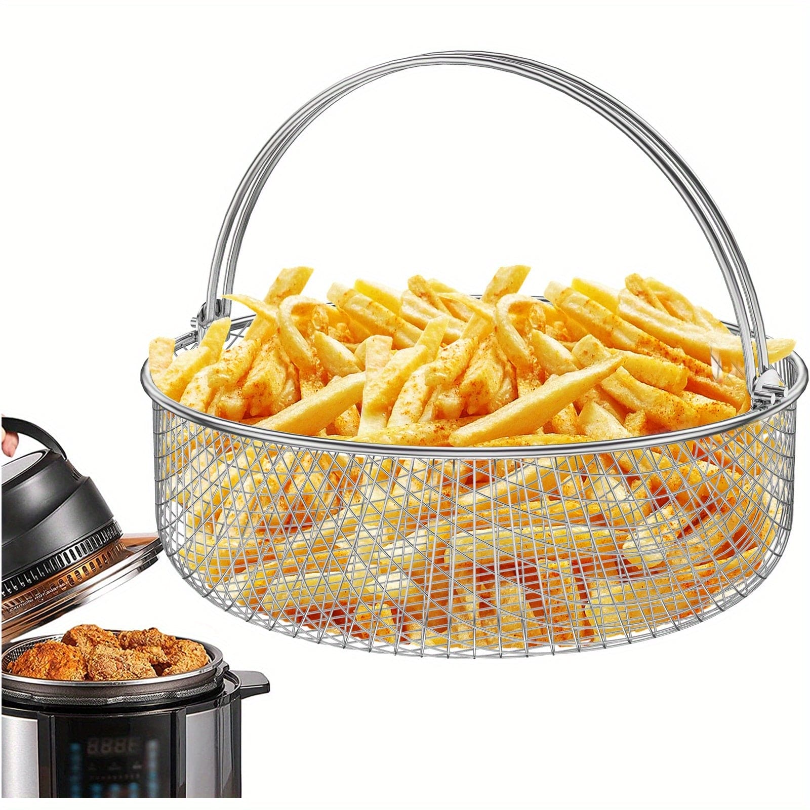 1pc, Air Fryer Mesh Basket, 304 Stainless Steel Steamer Basket For Air Fryer, Metal Air Fry Crisper Basket With Handle, Home Kitchen Air Fryer Steamer Basket Air Fryer Crisper Basket, Air Fryer Steamer Basket, Kitchen Stuff - 360 Fryers