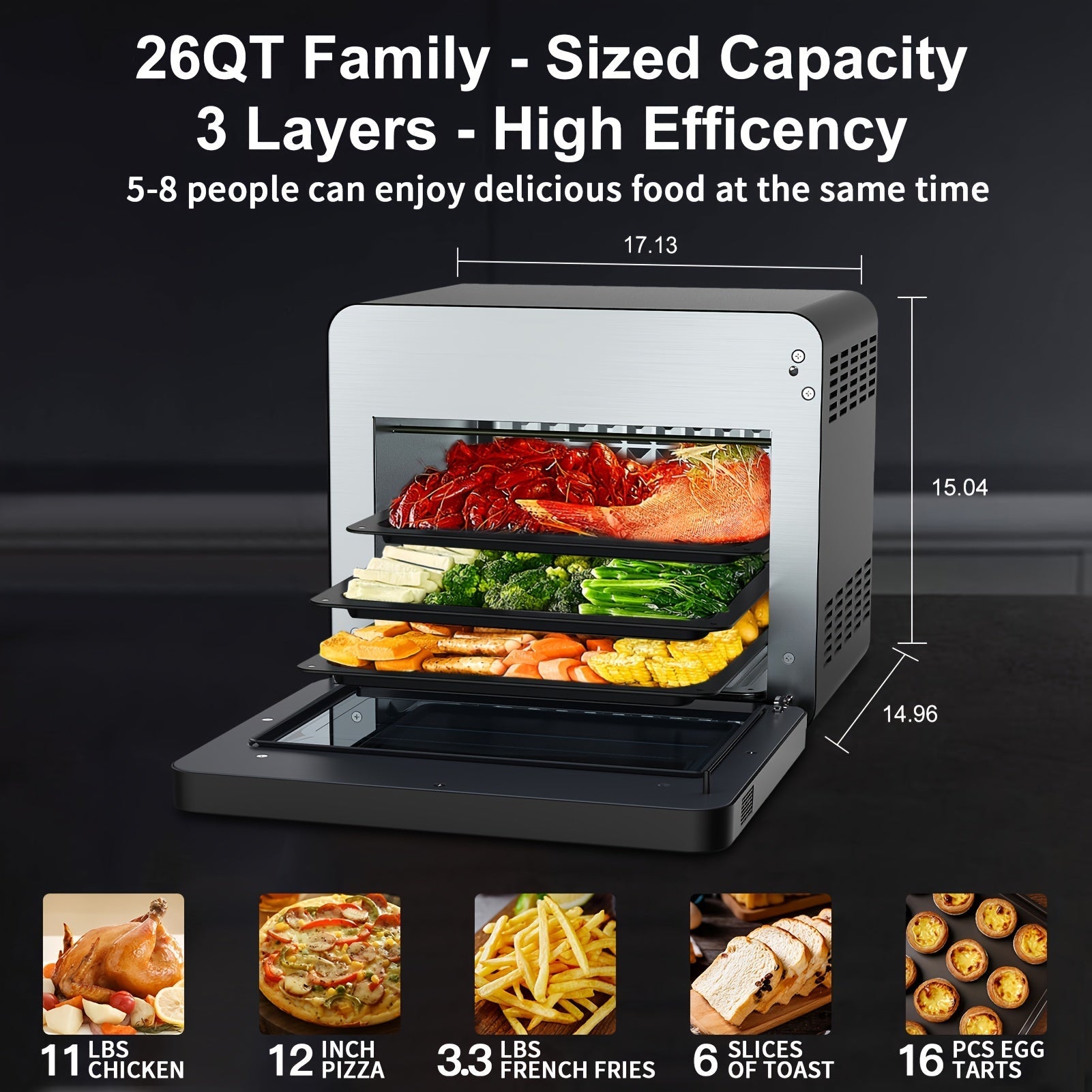 1pc, Geek Chef 26QT Air Fryer Toaster Oven, Steam Countertop Oven, Fit 12" Pizza, 6 Slices Toast, Large Capacity, Rotisserie And Dehydrator, Pizza - 360 Fryers