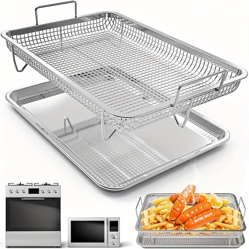 2pcs/set, Air Fryer Basket For Oven, Air Fryer Tray, Crisper Tray, Non-Stick Oven Baking Tray With Elevated Mesh, Extra Large Baking Tray 13"X19" Kitchen Stuff, BBQ Tools - 360 Fryers