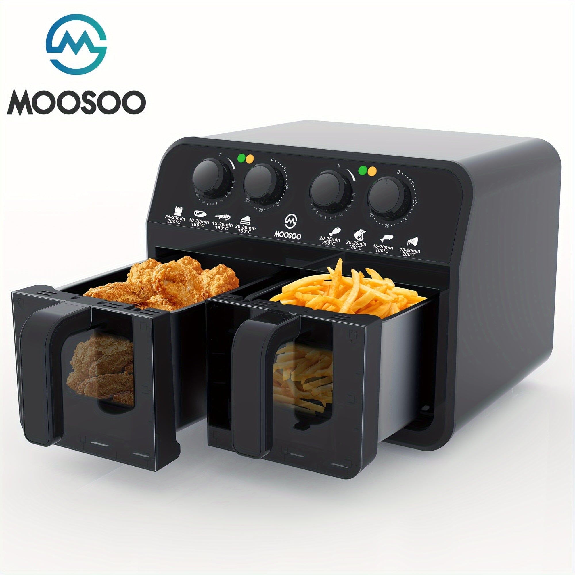 MOOSOO 6.4 Quart Dual Basket Air Fryer, 8 In 1 Air Fryer With 2 Independent Frying Baskets, View Windows, Adjustable Time And Temperature Control My Store 