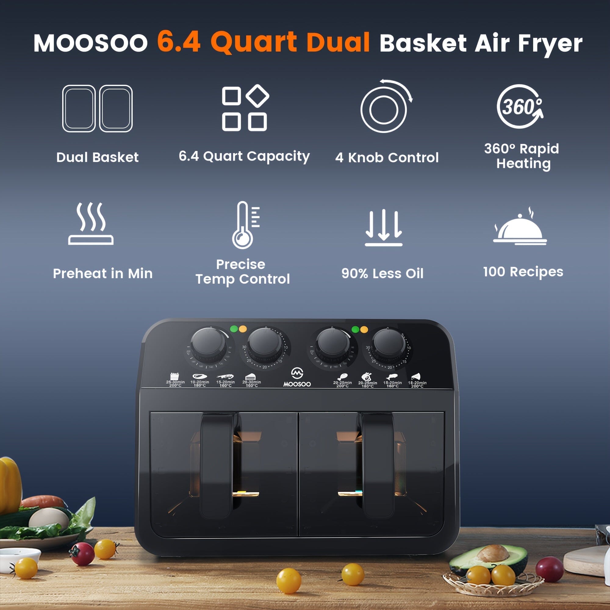 MOOSOO 6.4 Quart Dual Basket Air Fryer, 8 In 1 Air Fryer With 2 Independent Frying Baskets, View Windows, Adjustable Time And Temperature Control My Store 