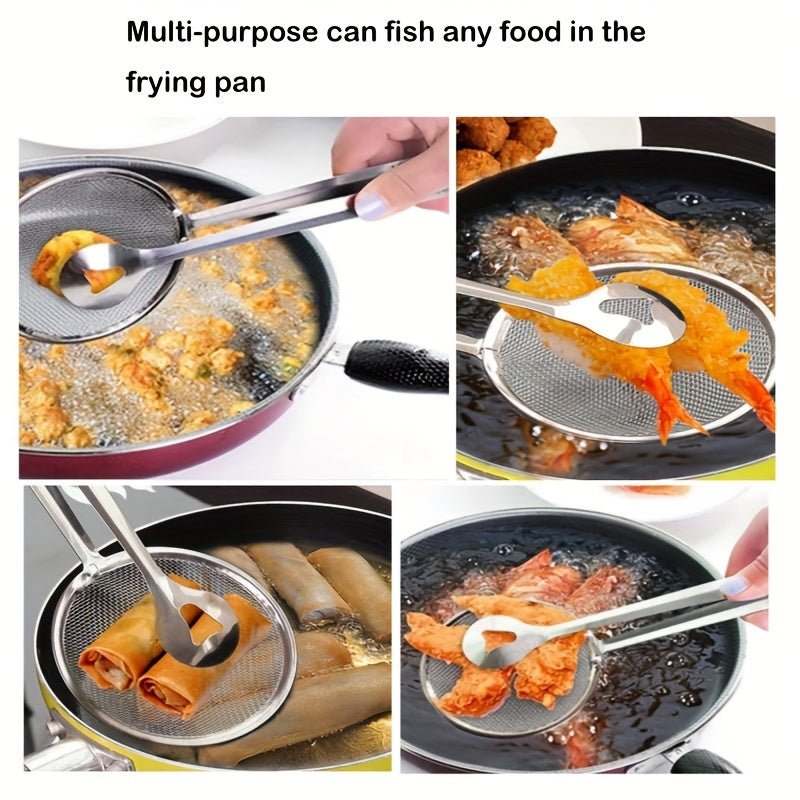 Multi - Functional Stainless Steel Frying Tong and Strainer - Heat - Resistant, Oil - dripping Foldable Strainer Tongs for Healthier Fried Foods - 360 Fryers