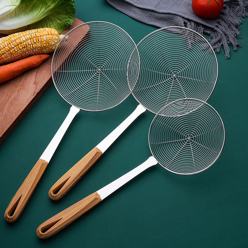 Factory Wholesale Stainless Steel Wire Leakage Household Kitchen Fried Food Filter Hotel Restaurant Long Wooden Handle Hot Pot Wire Leakage